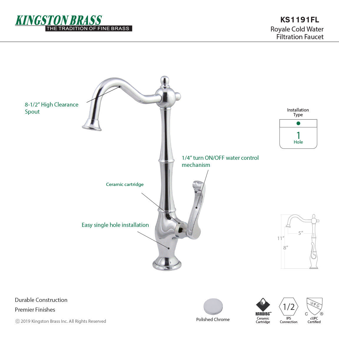 Kingston Heirloom KS1191FL - Royale Single-Handle 1-Hole Deck Mount Water Filtration Faucet, Polished Chrome — thumbnail 3